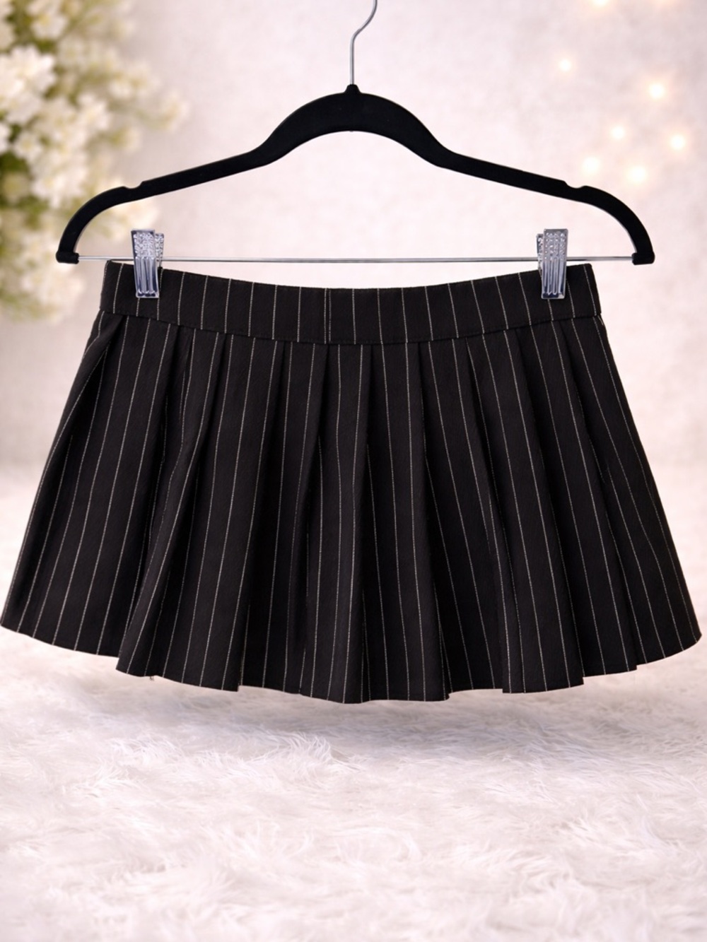 Black Pinstripe Pleated Mini Skirt - Classic Schoolgirl Style